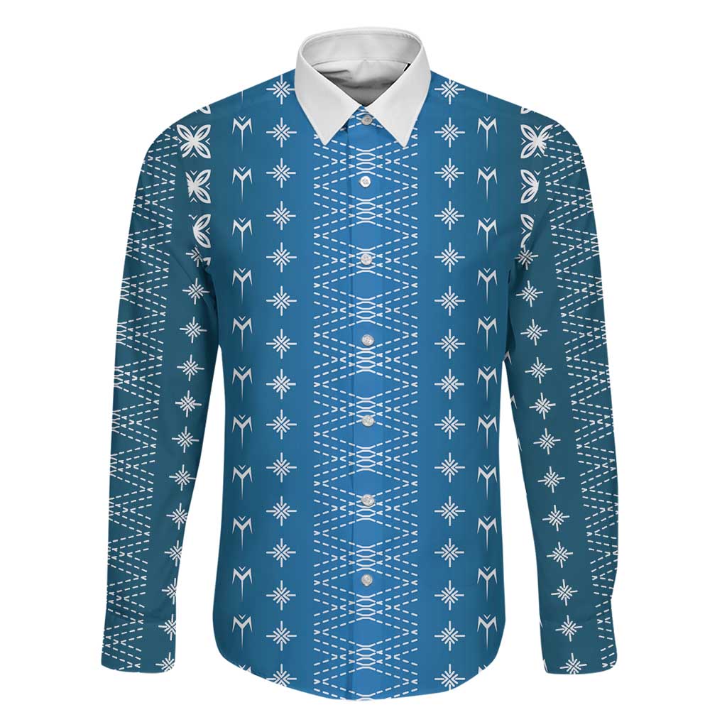 Blue Samoa Malu Tattoo Inspired Family Matching Off The Shoulder Long Sleeve Dress and Hawaiian Shirt LT05 Dad's Shirt - Long Sleeve Blue - Polynesian Pride