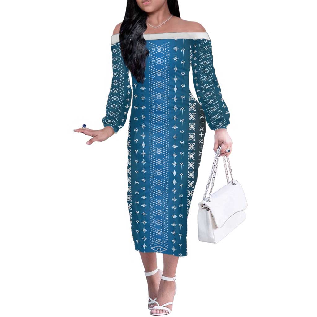 Blue Samoa Malu Tattoo Inspired Family Matching Off The Shoulder Long Sleeve Dress and Hawaiian Shirt LT05 Mom's Dress Blue - Polynesian Pride