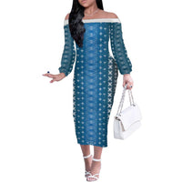 Blue Samoa Malu Tattoo Inspired Family Matching Off The Shoulder Long Sleeve Dress and Hawaiian Shirt LT05 Mom's Dress Blue - Polynesian Pride