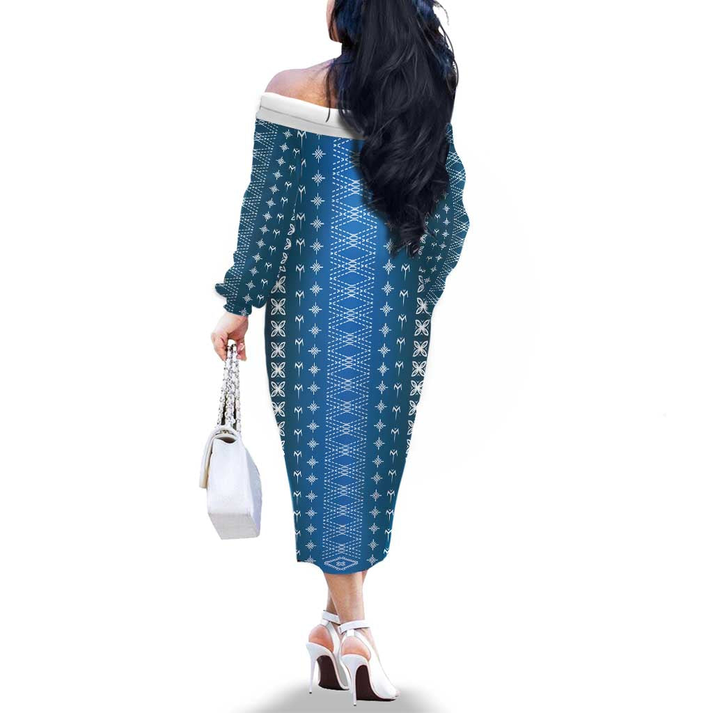 Blue Samoa Malu Tattoo Inspired Family Matching Off The Shoulder Long Sleeve Dress and Hawaiian Shirt LT05 - Polynesian Pride