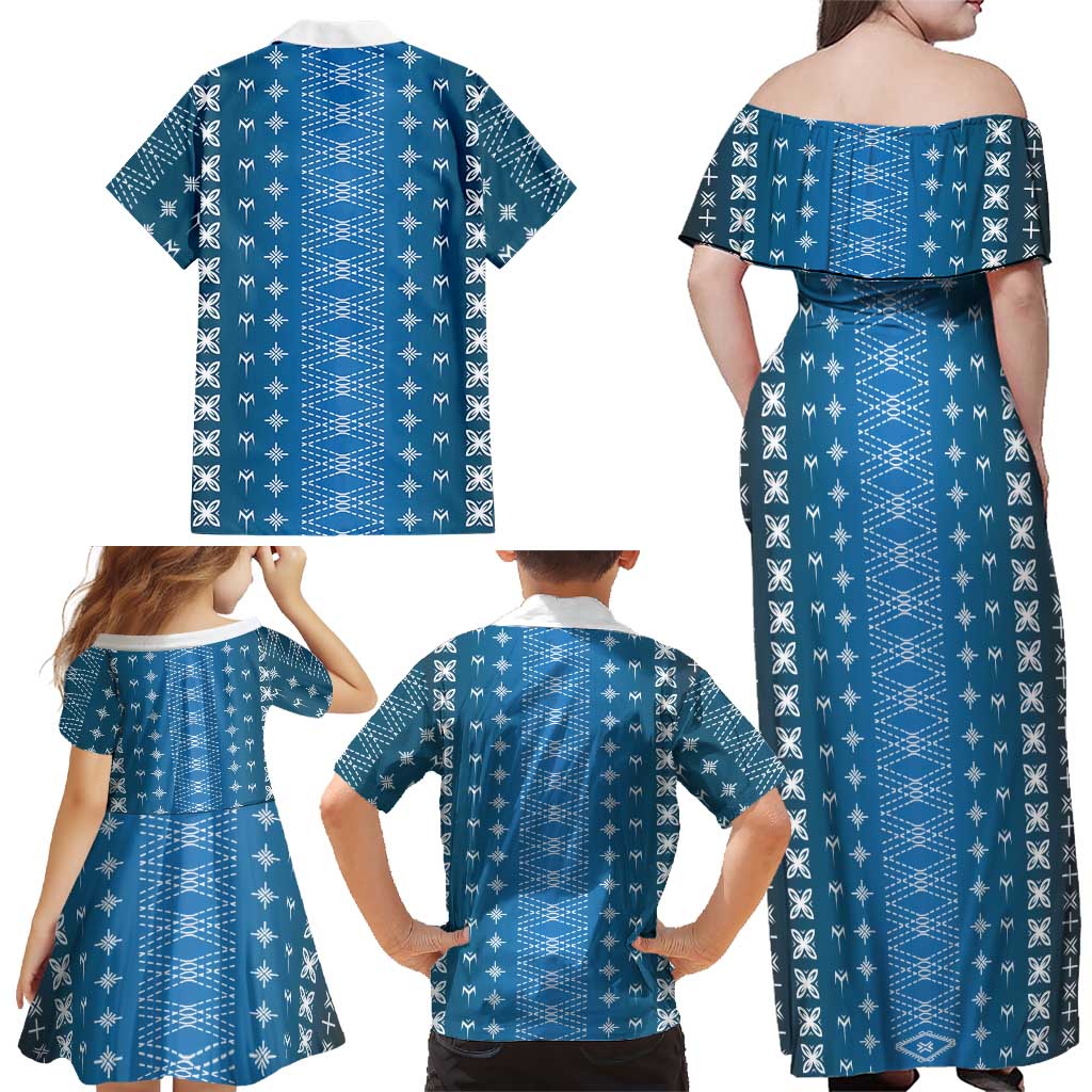 Blue Samoa Malu Tattoo Inspired Family Matching Off Shoulder Maxi Dress and Hawaiian Shirt LT05 - Polynesian Pride