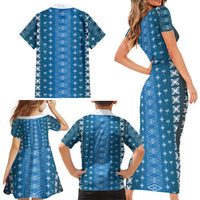 Blue Samoa Malu Tattoo Inspired Family Matching Short Sleeve Bodycon Dress and Hawaiian Shirt - Polynesian Pride