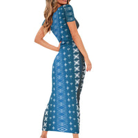 Blue Samoa Malu Tattoo Inspired Family Matching Short Sleeve Bodycon Dress and Hawaiian Shirt - Polynesian Pride