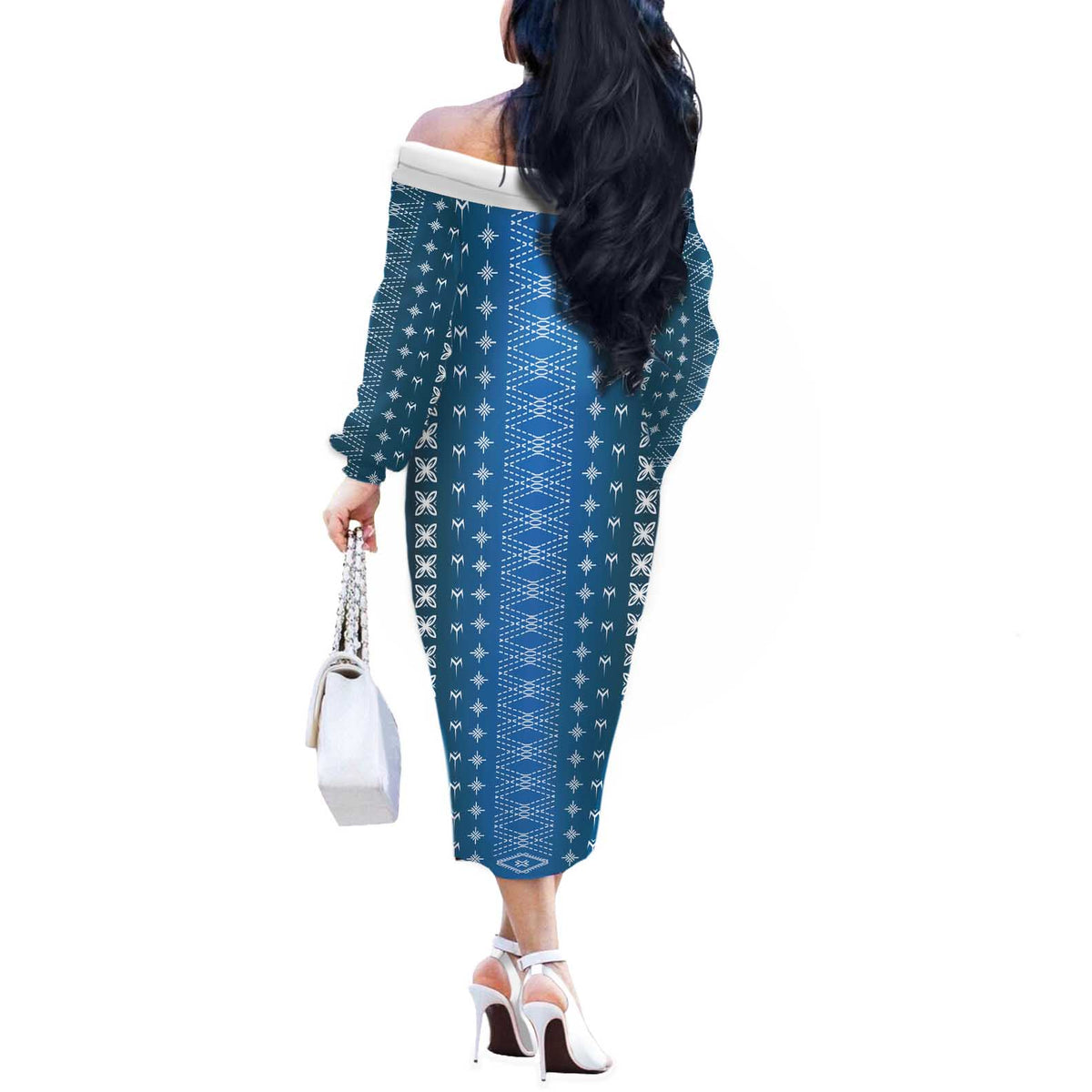 Blue Samoa Malu Tattoo Inspired Off The Shoulder Long Sleeve Dress - Polynesian Pride