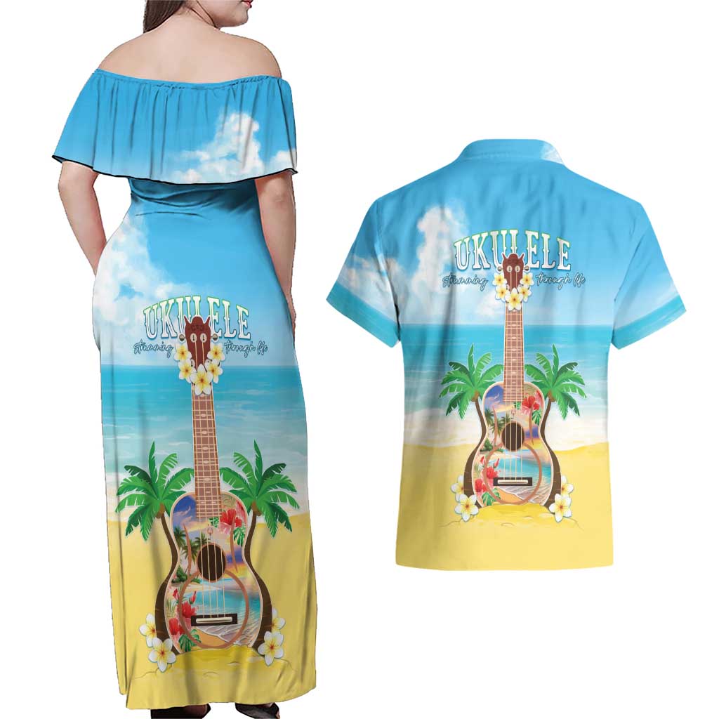 Hawaiian Ukulele Couples Matching Off Shoulder Maxi Dress and Hawaiian Shirt Sound Of Happiness