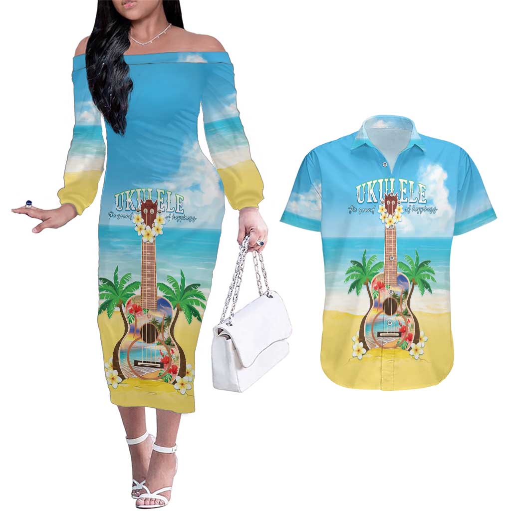 Hawaiian Ukulele Couples Matching Off The Shoulder Long Sleeve Dress and Hawaiian Shirt Sound Of Happiness