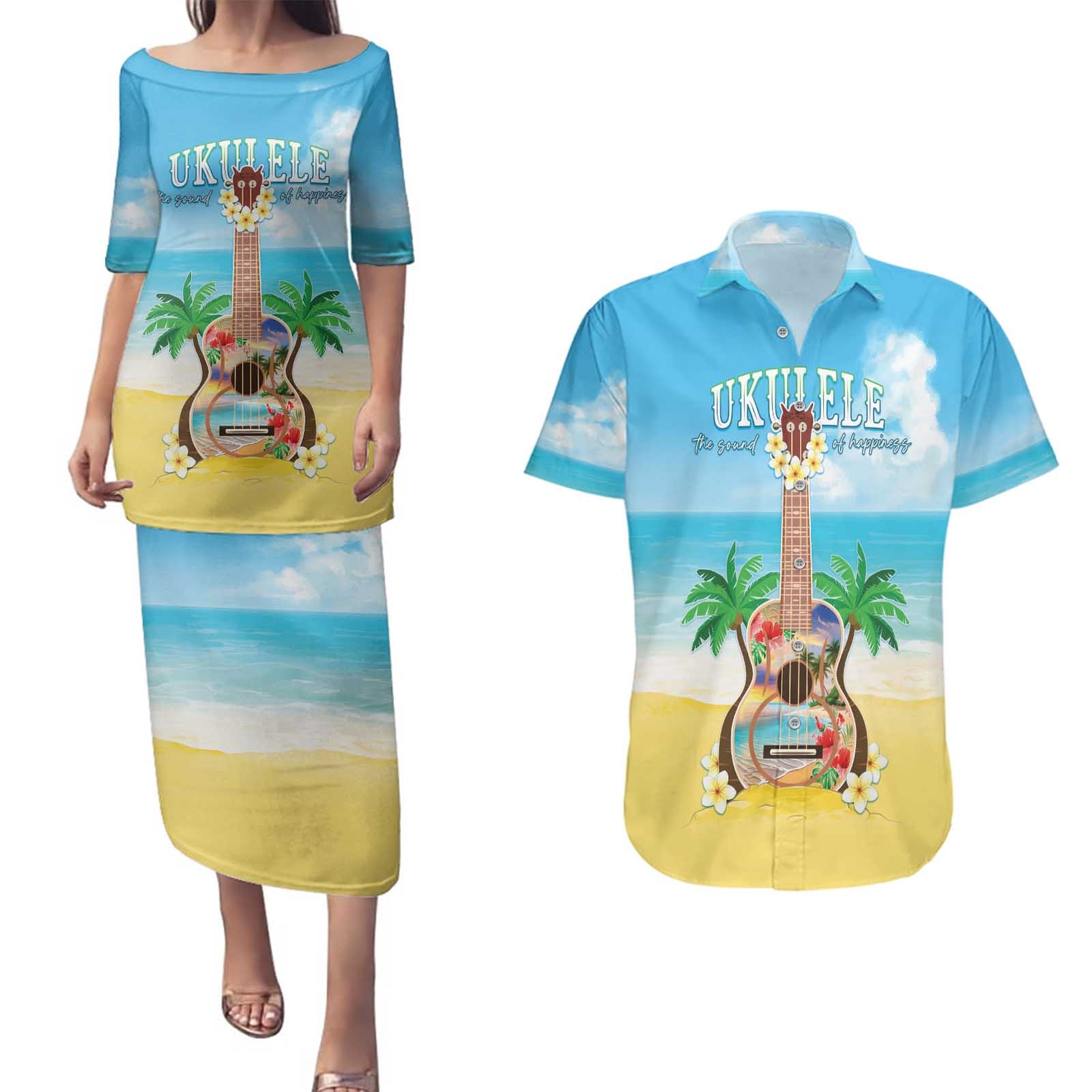 Hawaiian Ukulele Couples Matching Puletasi and Hawaiian Shirt Sound Of Happiness