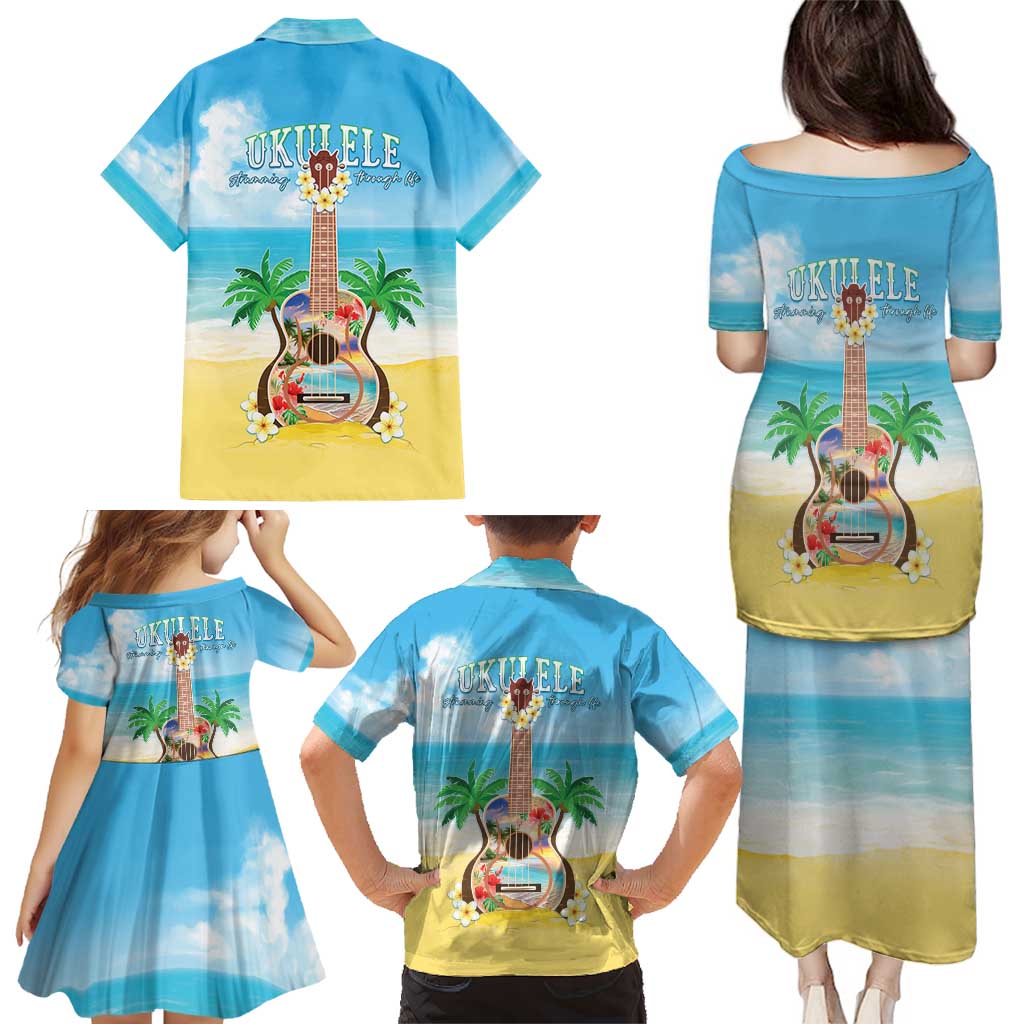 Hawaiian Ukulele Family Matching Puletasi and Hawaiian Shirt Sound Of Happiness
