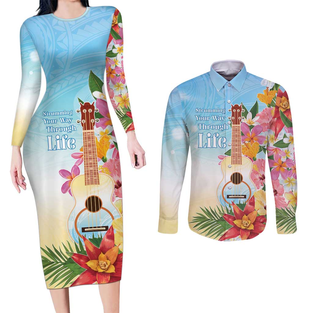 National Ukulele Day Couples Matching Long Sleeve Bodycon Dress and Long Sleeve Button Shirt Tropical Vibe