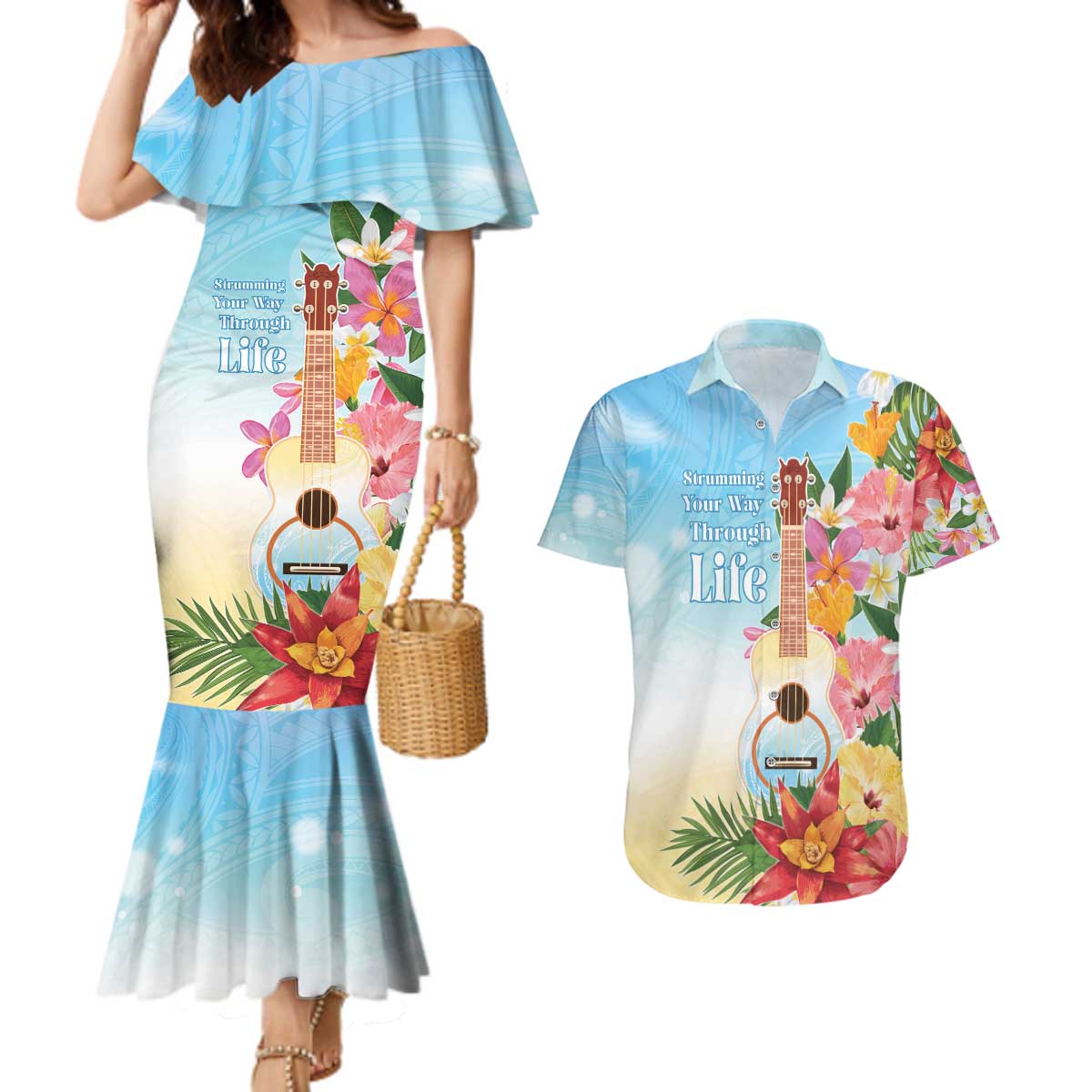 National Ukulele Day Couples Matching Mermaid Dress and Hawaiian Shirt Tropical Vibe