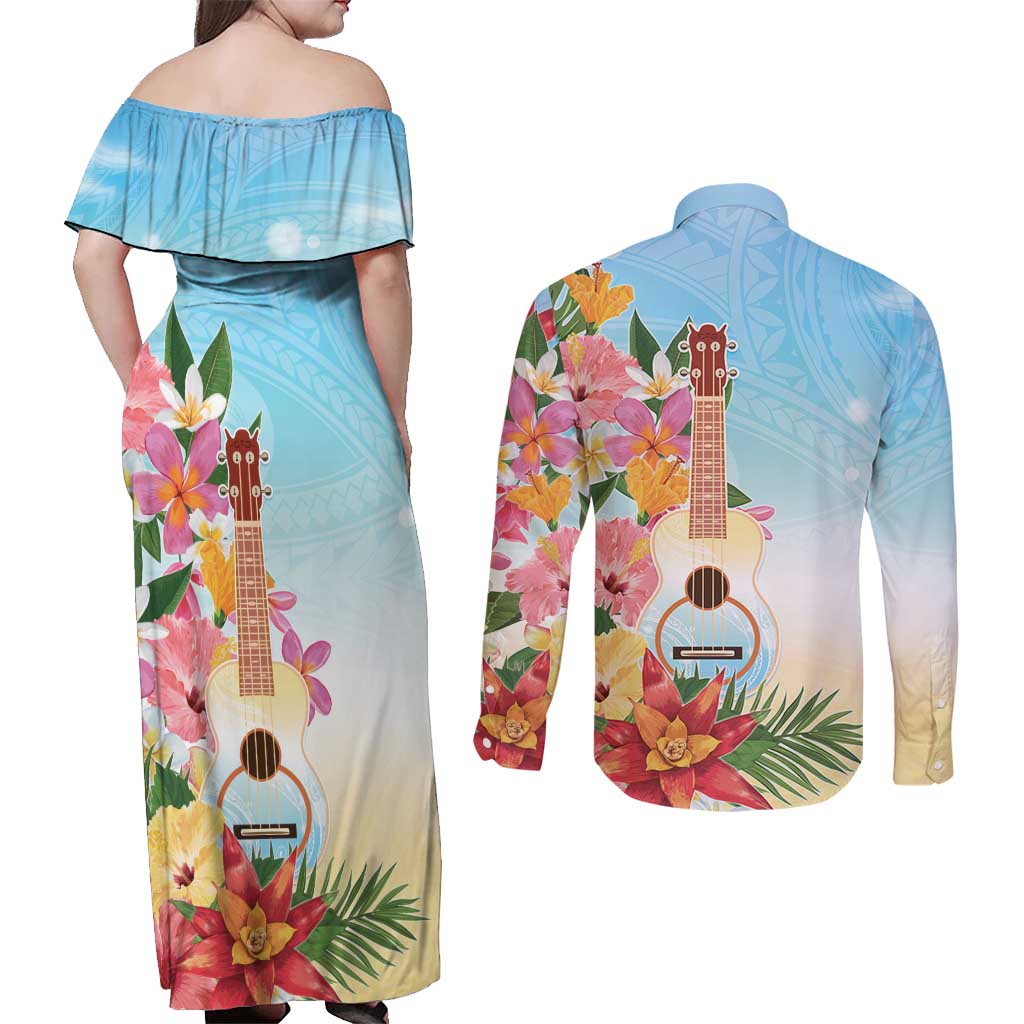 National Ukulele Day Couples Matching Off Shoulder Maxi Dress and Long Sleeve Button Shirt Tropical Vibe
