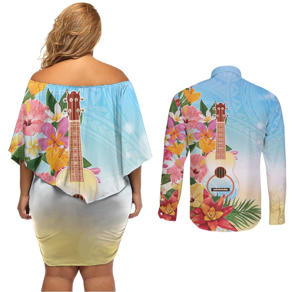 National Ukulele Day Couples Matching Off Shoulder Short Dress and Long Sleeve Button Shirt Tropical Vibe
