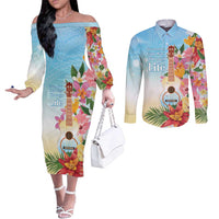 National Ukulele Day Couples Matching Off The Shoulder Long Sleeve Dress and Long Sleeve Button Shirt Tropical Vibe
