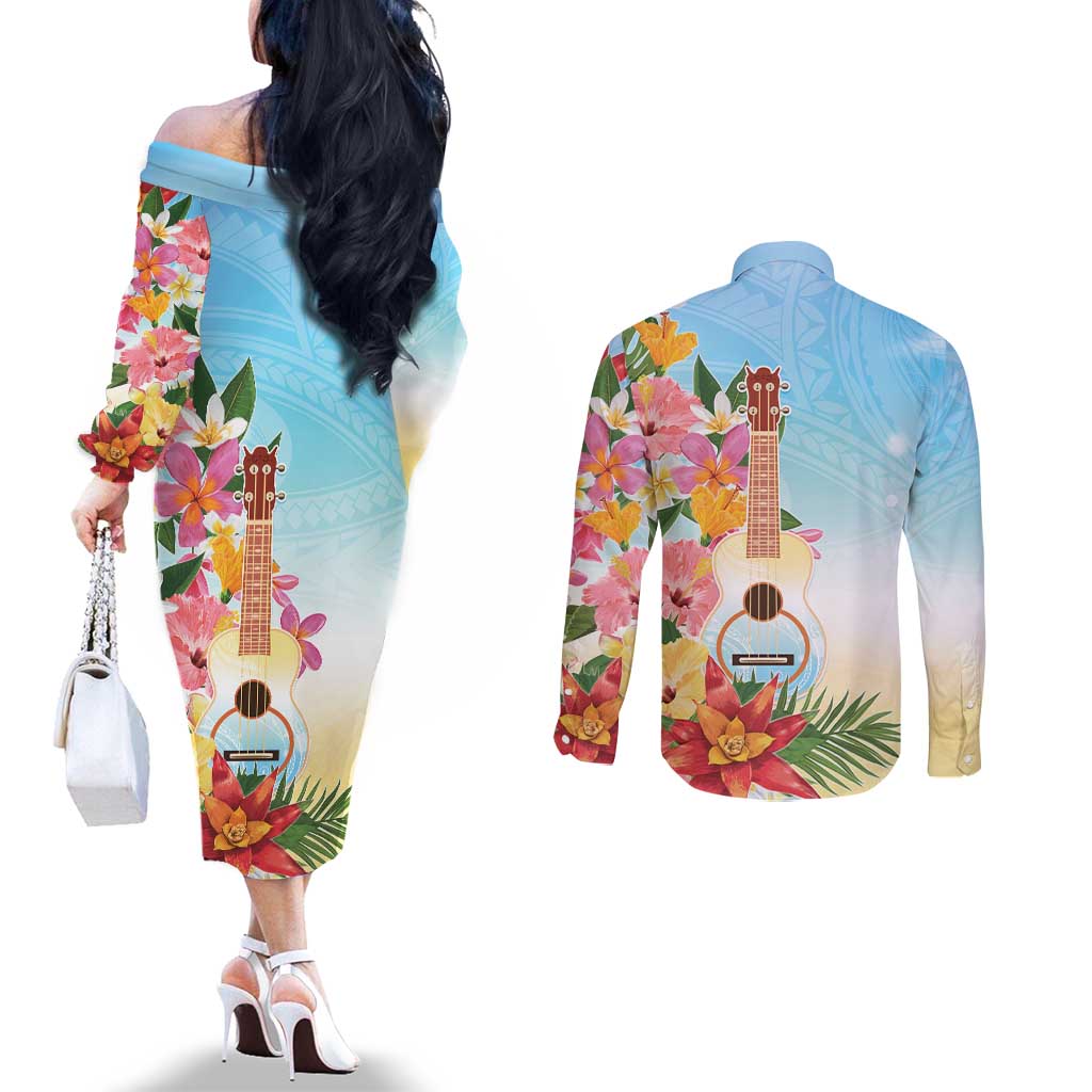 National Ukulele Day Couples Matching Off The Shoulder Long Sleeve Dress and Long Sleeve Button Shirt Tropical Vibe
