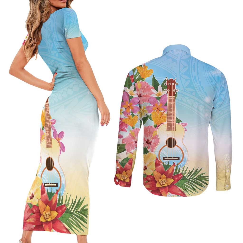 National Ukulele Day Couples Matching Short Sleeve Bodycon Dress and Long Sleeve Button Shirt Tropical Vibe