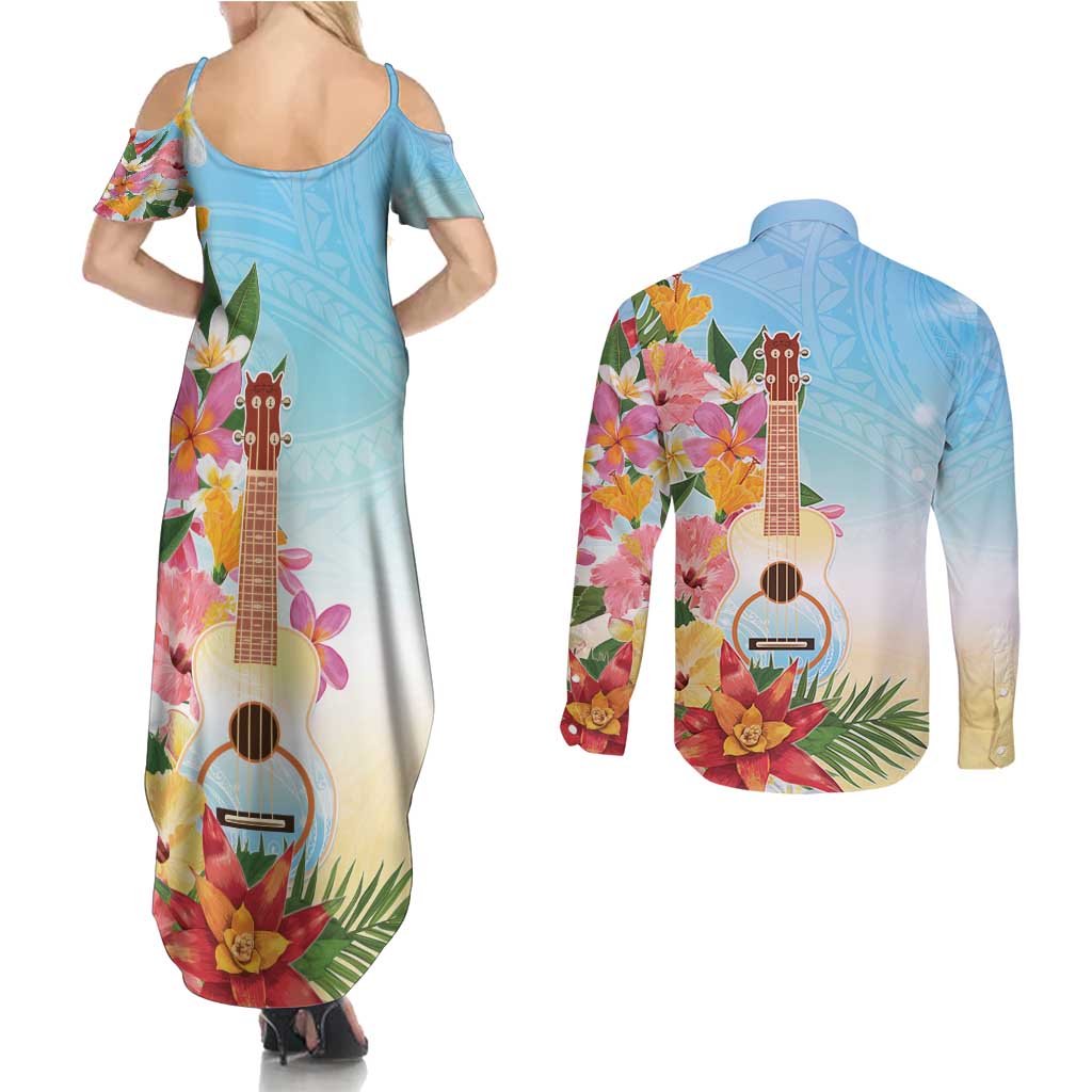 National Ukulele Day Couples Matching Summer Maxi Dress and Long Sleeve Button Shirt Tropical Vibe