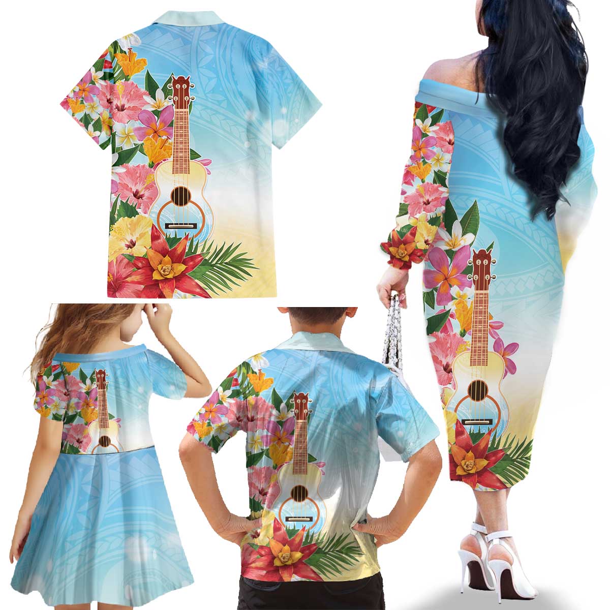 National Ukulele Day Family Matching Off The Shoulder Long Sleeve Dress and Hawaiian Shirt Tropical Vibe