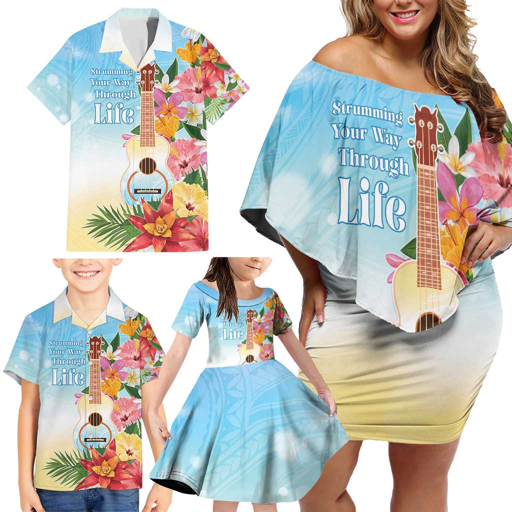 National Ukulele Day Family Matching Off Shoulder Short Dress and Hawaiian Shirt Tropical Vibe