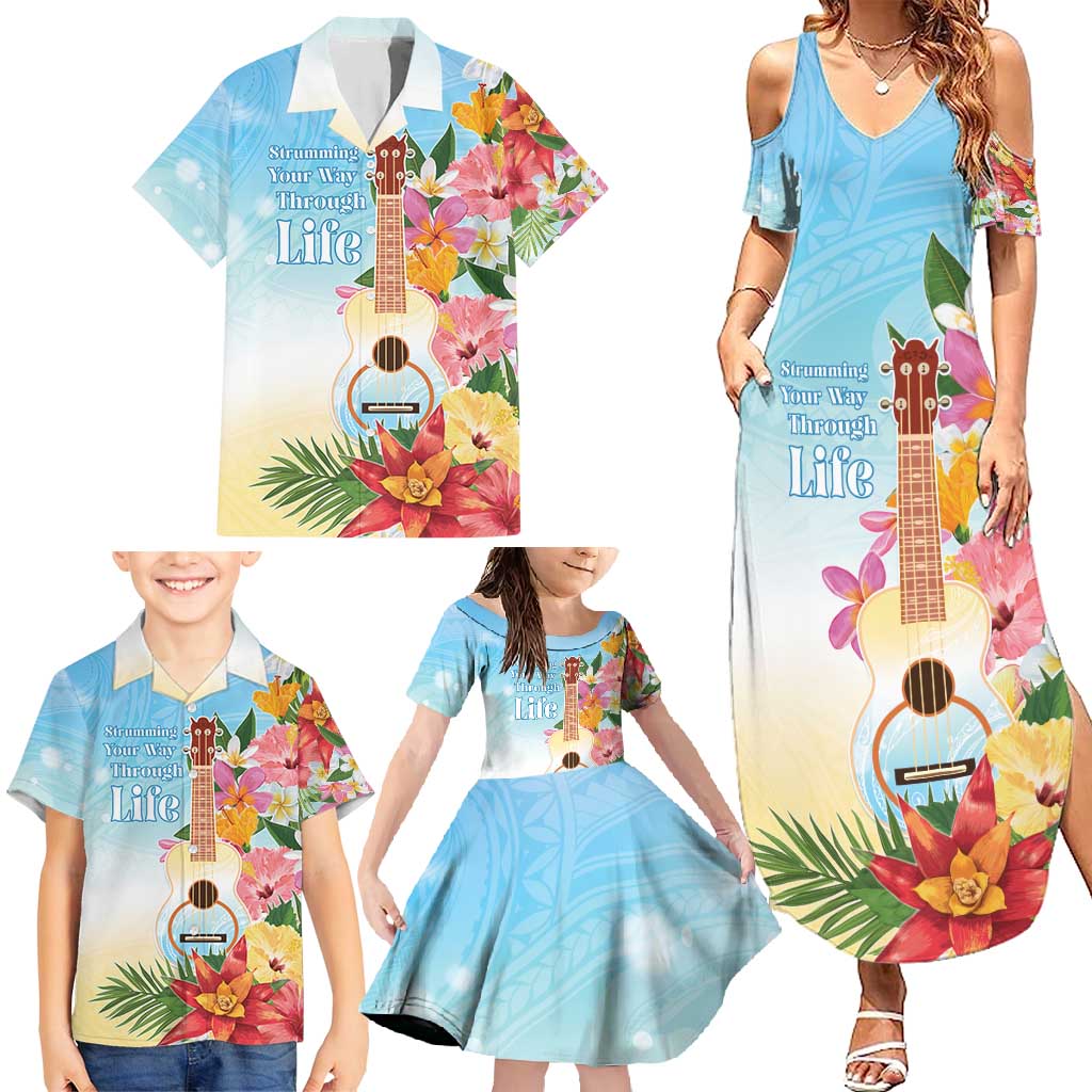 National Ukulele Day Family Matching Summer Maxi Dress and Hawaiian Shirt Tropical Vibe