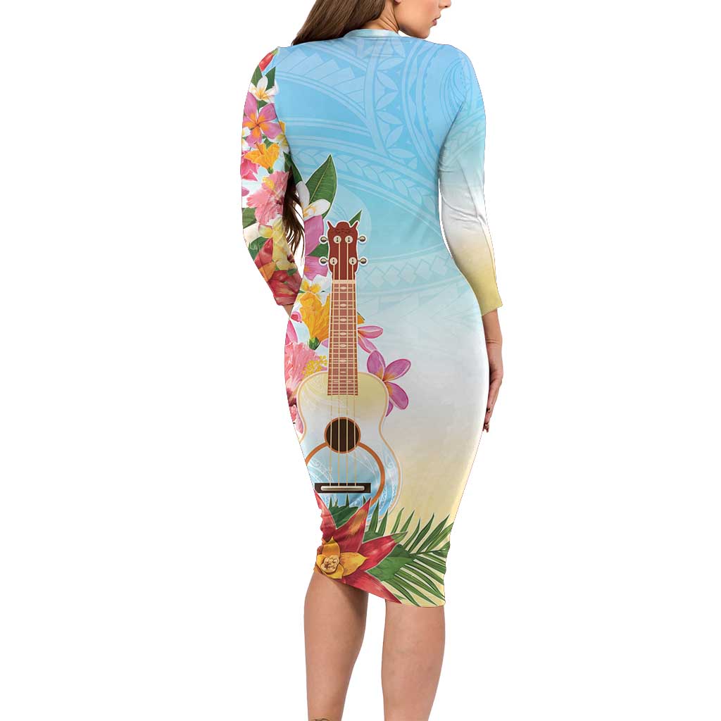 National Ukulele Day Long Sleeve Bodycon Dress Tropical Vibe