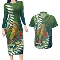 New Zealand Kea Bird Couples Matching Long Sleeve Bodycon Dress and Hawaiian Shirt With Maori Koru Fern - Polynesian Pride