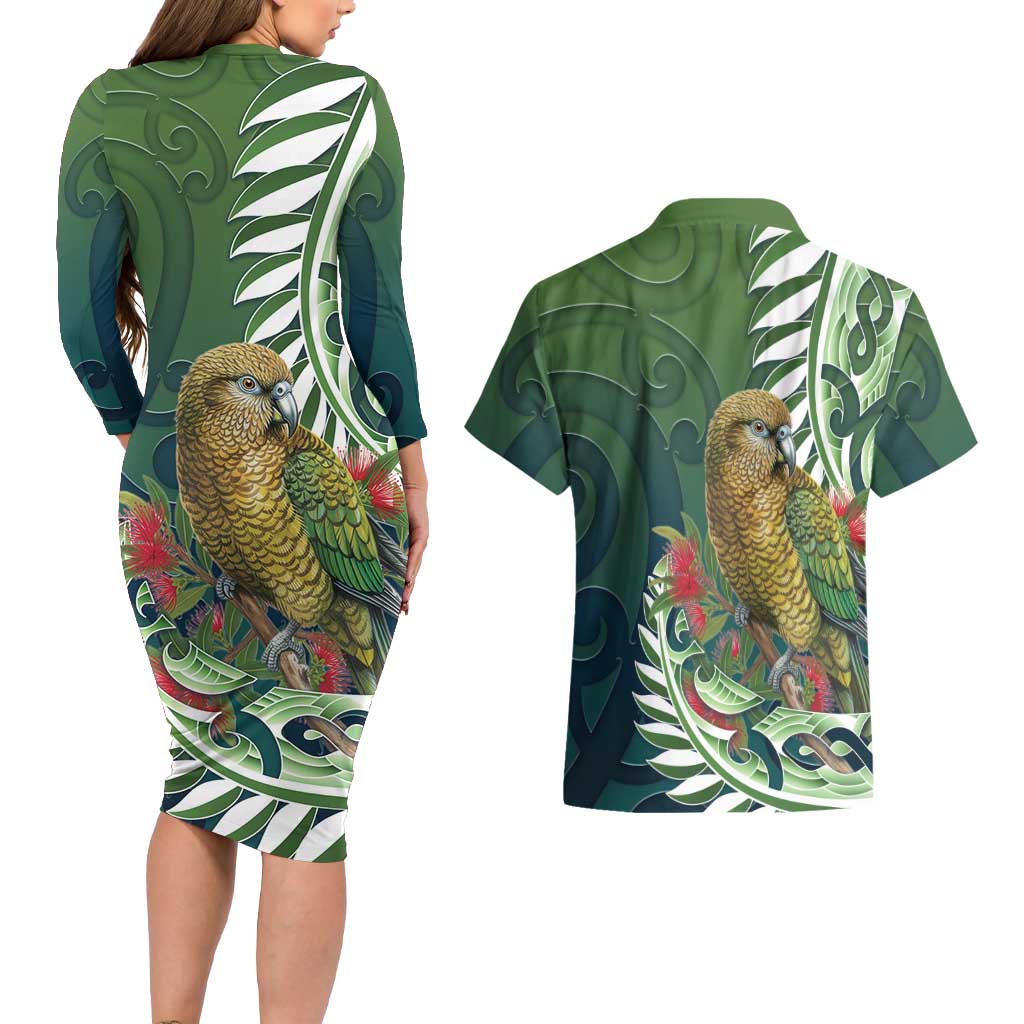 New Zealand Kea Bird Couples Matching Long Sleeve Bodycon Dress and Hawaiian Shirt With Maori Koru Fern - Polynesian Pride
