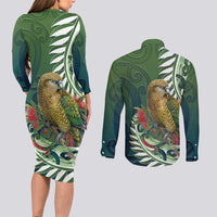 New Zealand Kea Bird Couples Matching Long Sleeve Bodycon Dress and Long Sleeve Button Shirt With Maori Koru Fern - Polynesian Pride
