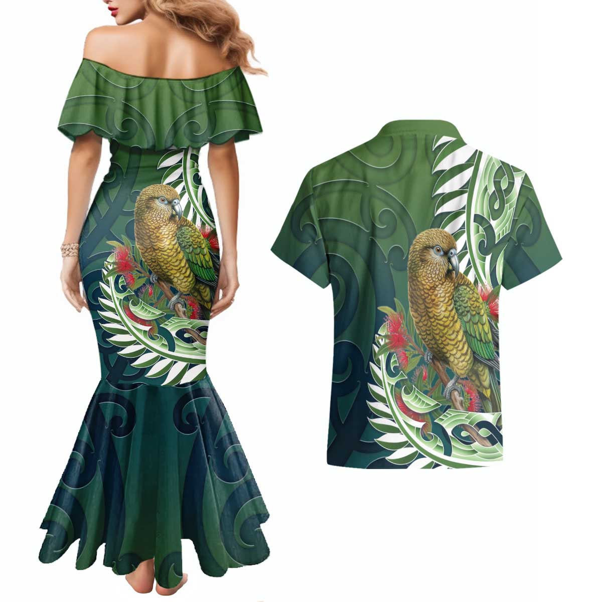 New Zealand Kea Bird Couples Matching Mermaid Dress and Hawaiian Shirt With Maori Koru Fern - Polynesian Pride