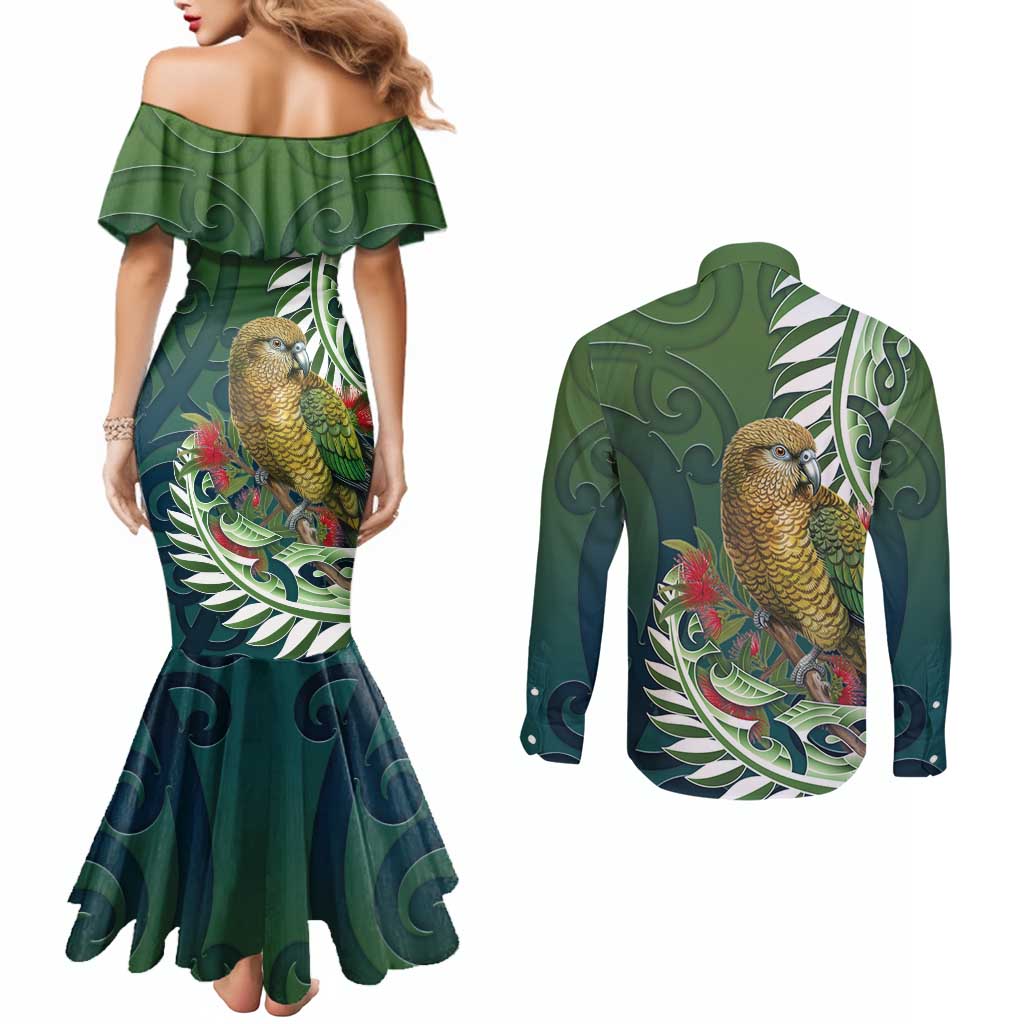 New Zealand Kea Bird Couples Matching Mermaid Dress and Long Sleeve Button Shirt With Maori Koru Fern - Polynesian Pride