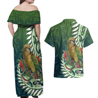 New Zealand Kea Bird Couples Matching Off Shoulder Maxi Dress and Hawaiian Shirt With Maori Koru Fern - Polynesian Pride