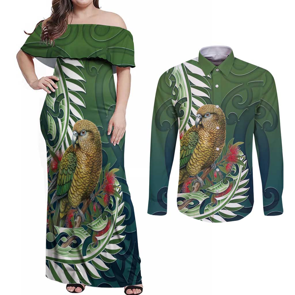 New Zealand Kea Bird Couples Matching Off Shoulder Maxi Dress and Long Sleeve Button Shirt With Maori Koru Fern - Polynesian Pride