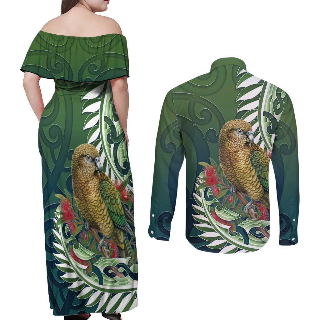 New Zealand Kea Bird Couples Matching Off Shoulder Maxi Dress and Long Sleeve Button Shirt With Maori Koru Fern - Polynesian Pride