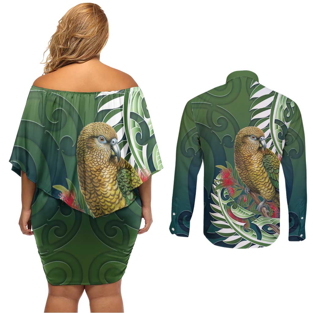 New Zealand Kea Bird Couples Matching Off Shoulder Short Dress and Long Sleeve Button Shirt With Maori Koru Fern - Polynesian Pride