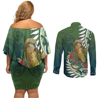 New Zealand Kea Bird Couples Matching Off Shoulder Short Dress and Long Sleeve Button Shirt With Maori Koru Fern - Polynesian Pride