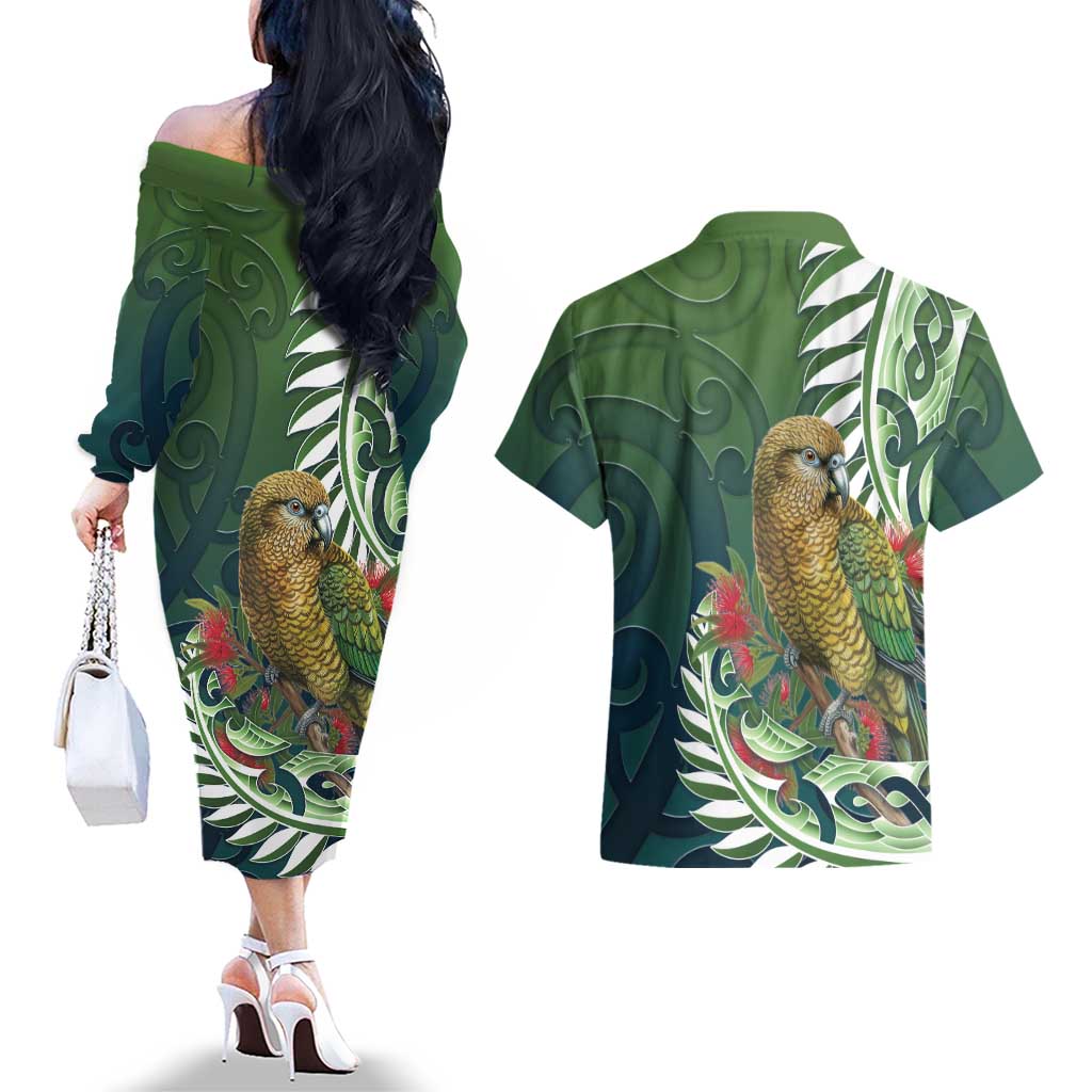 New Zealand Kea Bird Couples Matching Off The Shoulder Long Sleeve Dress and Hawaiian Shirt With Maori Koru Fern - Polynesian Pride