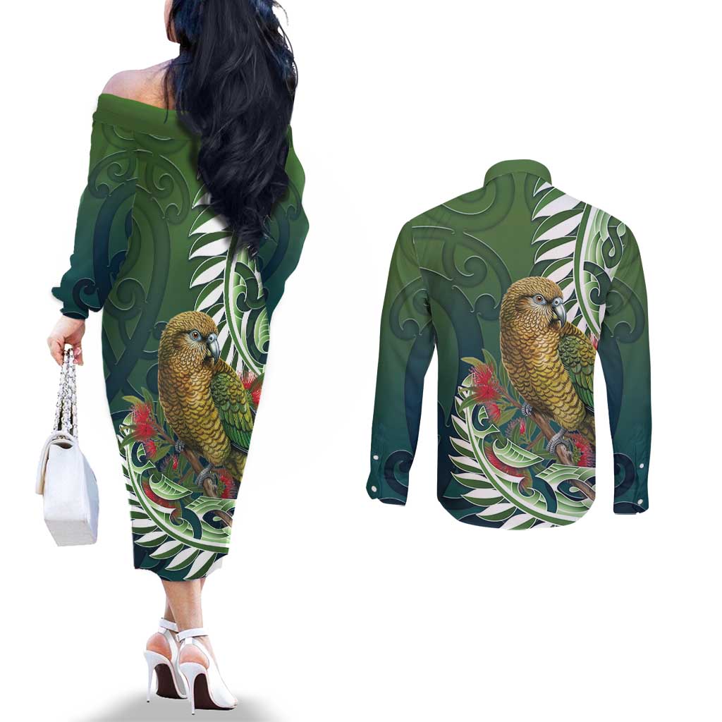 New Zealand Kea Bird Couples Matching Off The Shoulder Long Sleeve Dress and Long Sleeve Button Shirt With Maori Koru Fern - Polynesian Pride