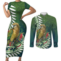 New Zealand Kea Bird Couples Matching Short Sleeve Bodycon Dress and Long Sleeve Button Shirt With Maori Koru Fern - Polynesian Pride