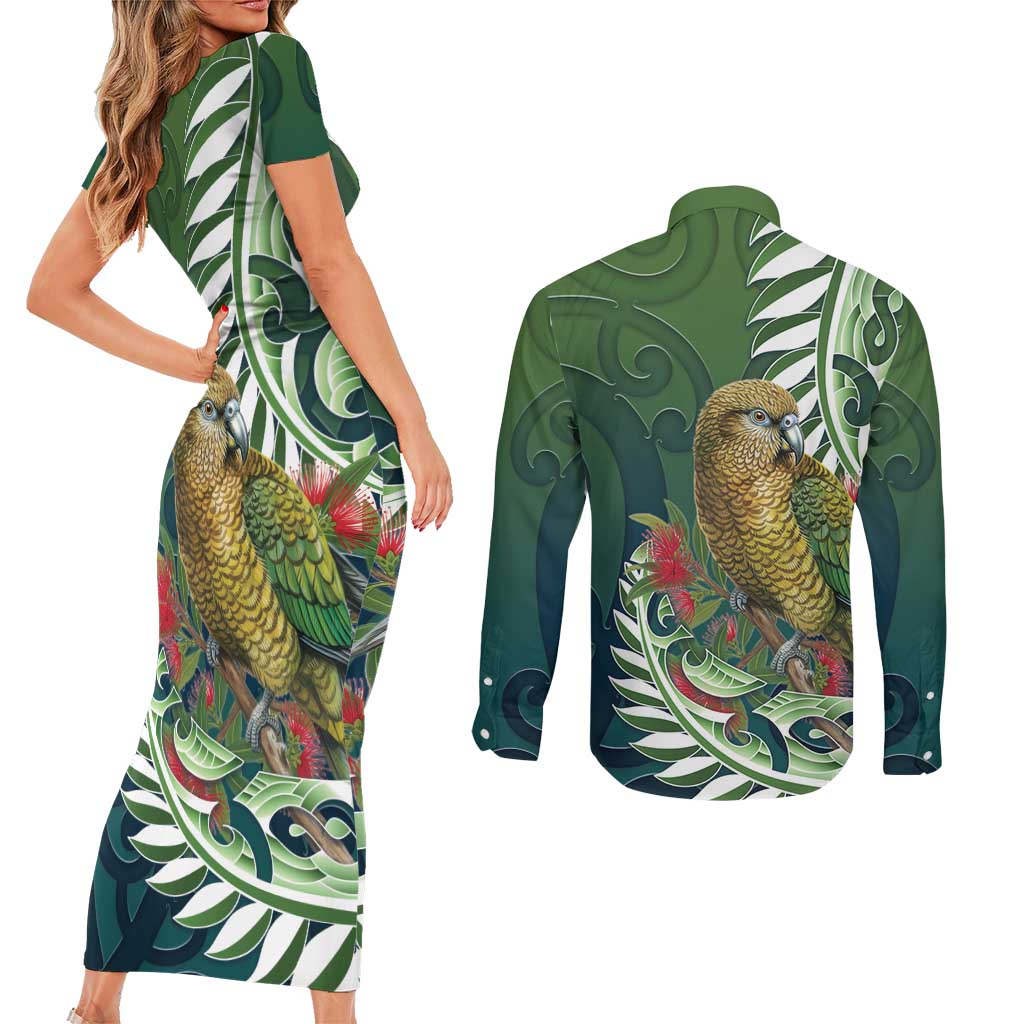 New Zealand Kea Bird Couples Matching Short Sleeve Bodycon Dress and Long Sleeve Button Shirt With Maori Koru Fern - Polynesian Pride