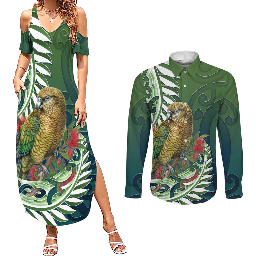 New Zealand Kea Bird Couples Matching Summer Maxi Dress and Long Sleeve Button Shirt With Maori Koru Fern - Polynesian Pride