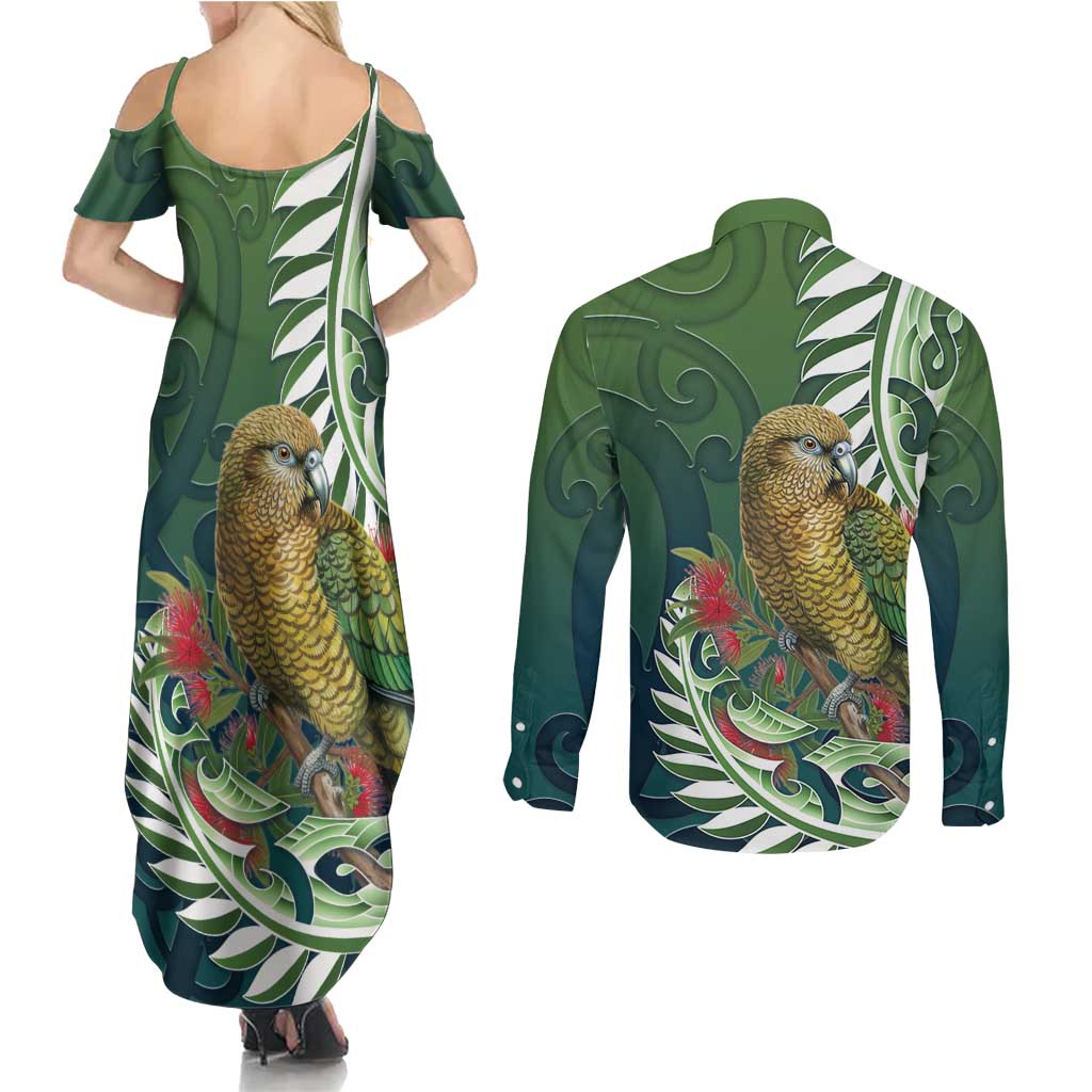 New Zealand Kea Bird Couples Matching Summer Maxi Dress and Long Sleeve Button Shirt With Maori Koru Fern - Polynesian Pride