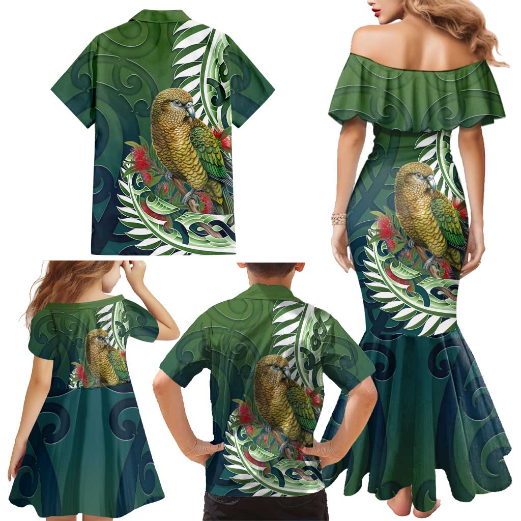 New Zealand Kea Bird Family Matching Mermaid Dress and Hawaiian Shirt With Maori Koru Fern - Polynesian Pride