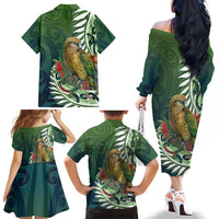 New Zealand Kea Bird Family Matching Off The Shoulder Long Sleeve Dress and Hawaiian Shirt With Maori Koru Fern - Polynesian Pride