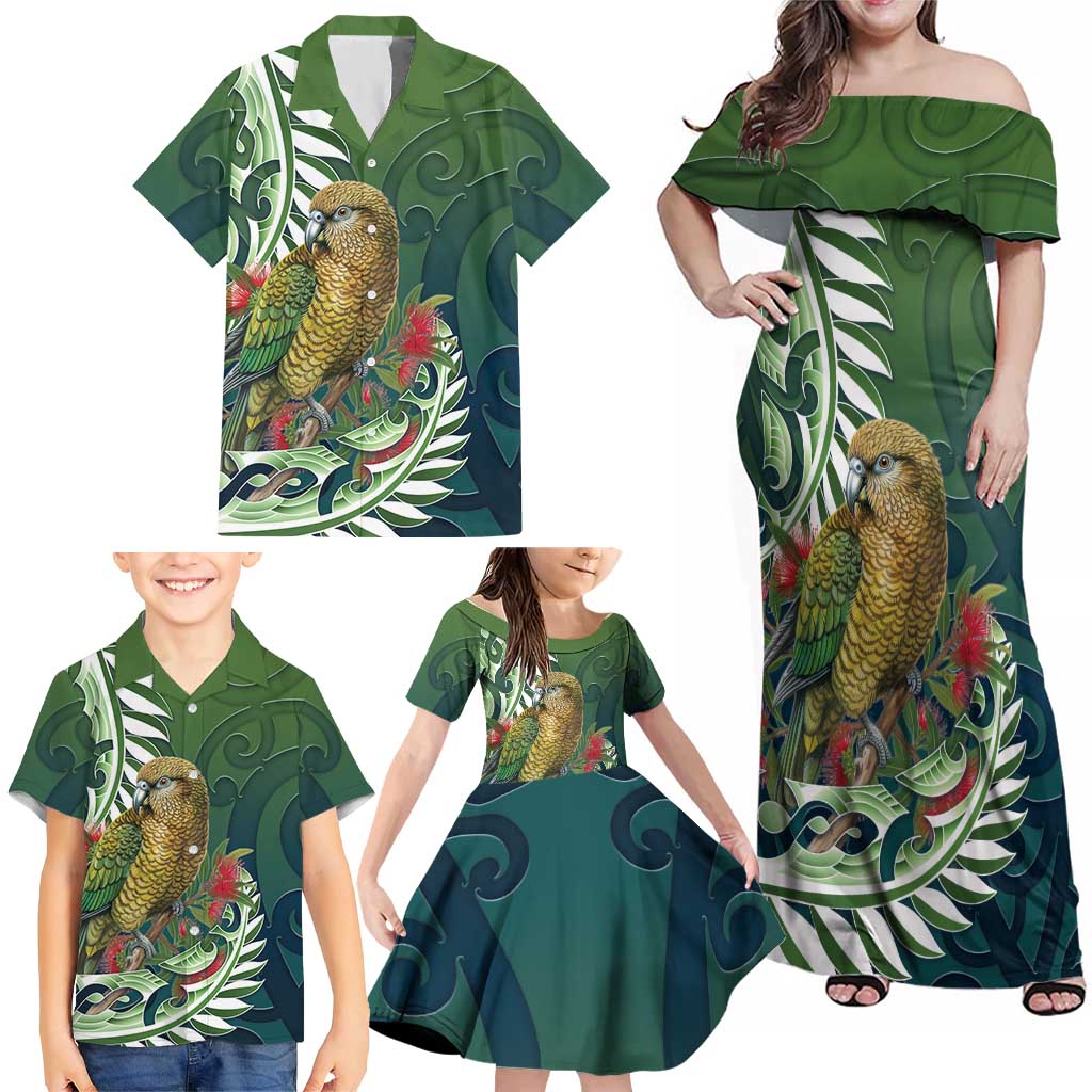 New Zealand Kea Bird Family Matching Off Shoulder Maxi Dress and Hawaiian Shirt With Maori Koru Fern - Polynesian Pride