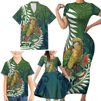 New Zealand Kea Bird Family Matching Short Sleeve Bodycon Dress and Hawaiian Shirt With Maori Koru Fern - Polynesian Pride