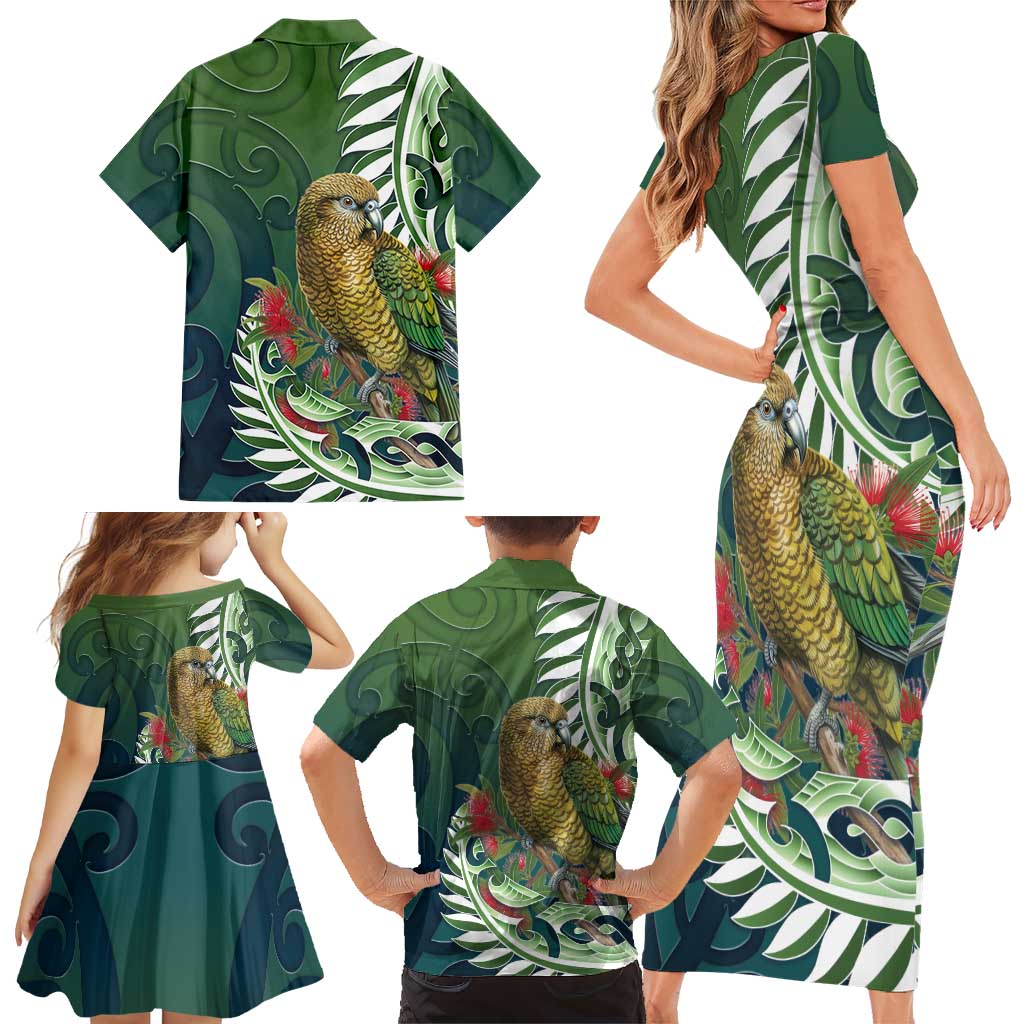 New Zealand Kea Bird Family Matching Short Sleeve Bodycon Dress and Hawaiian Shirt With Maori Koru Fern - Polynesian Pride