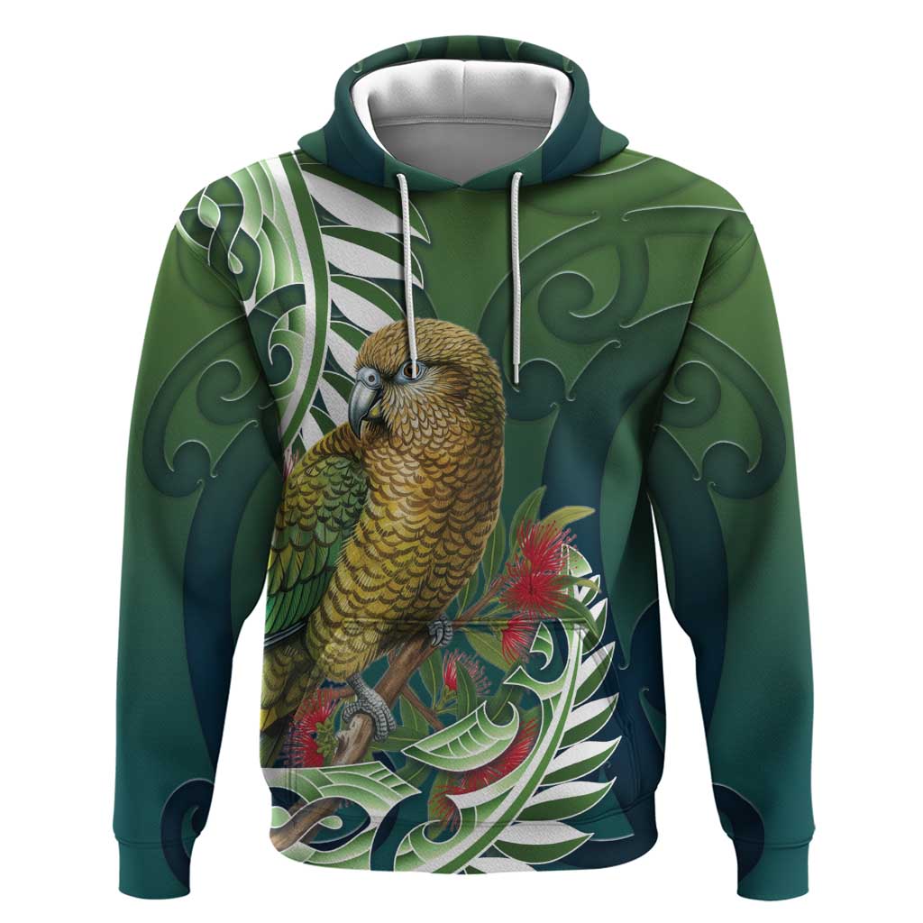 New Zealand Kea Bird Hoodie With Maori Koru Fern LT05 Pullover Hoodie Green - Polynesian Pride