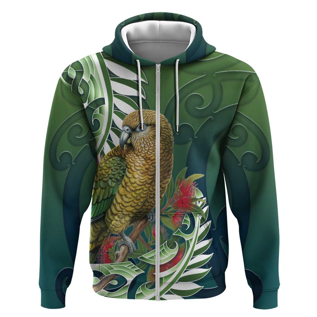New Zealand Kea Bird Hoodie With Maori Koru Fern LT05 Zip Hoodie Green - Polynesian Pride