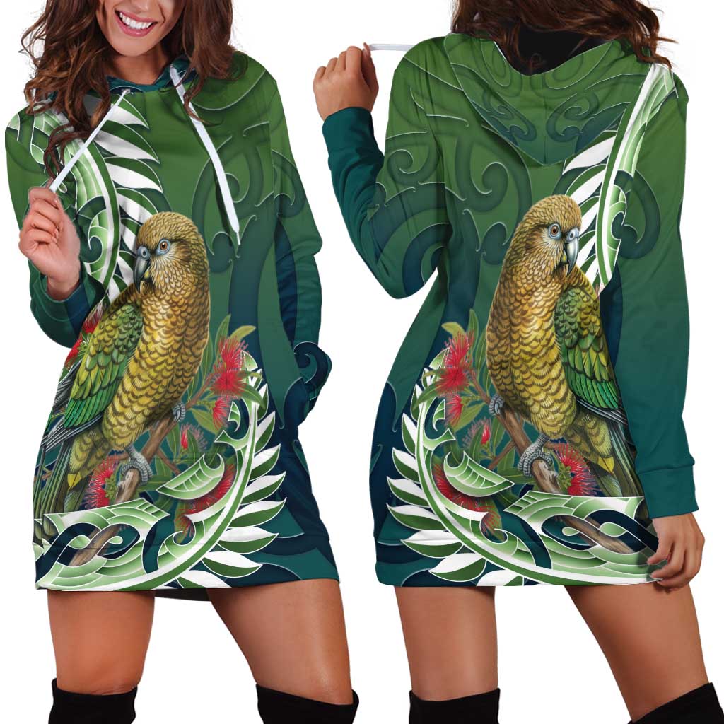 New Zealand Kea Bird Hoodie Dress With Maori Koru Fern - Polynesian Pride
