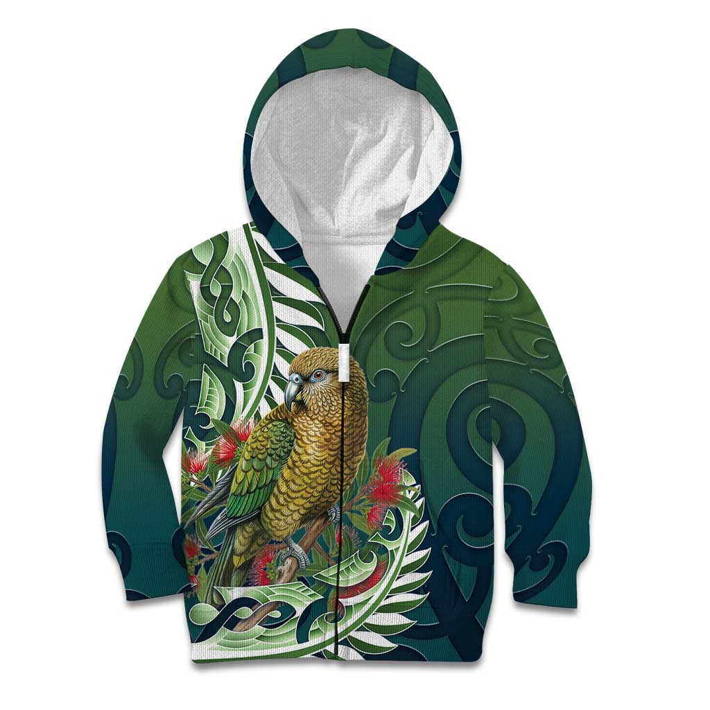 New Zealand Kea Bird Kid Hoodie With Maori Koru Fern - Polynesian Pride