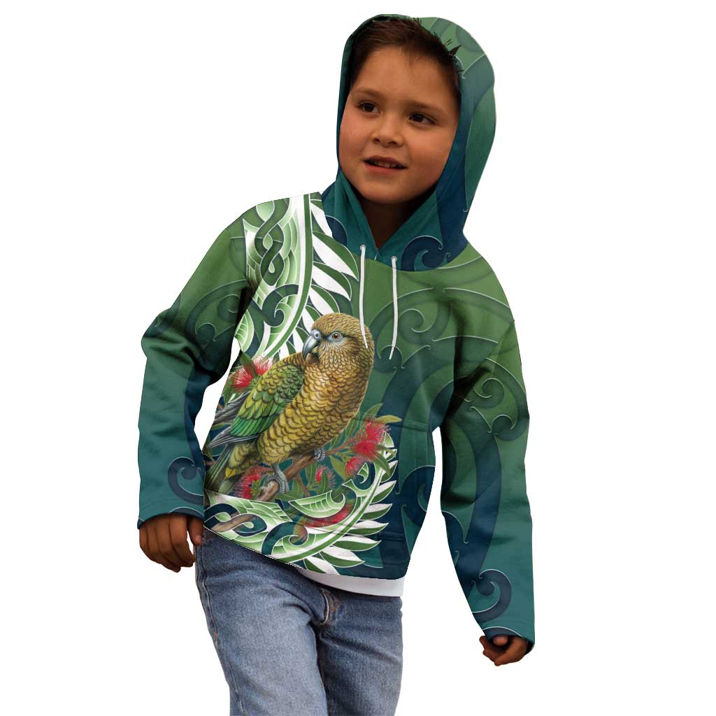 New Zealand Kea Bird Kid Hoodie With Maori Koru Fern - Polynesian Pride